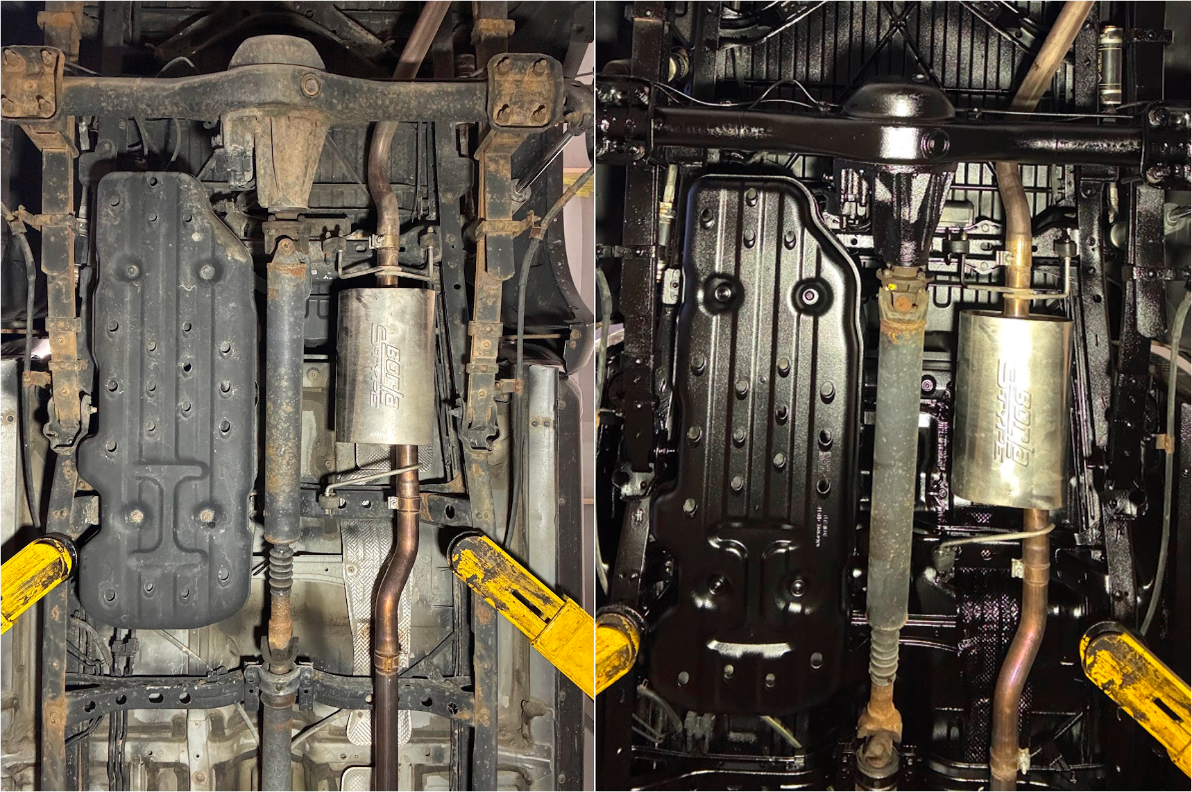 Before and after of a vehicle's undercarriage cleaned and treated with undercoating by CryoMode